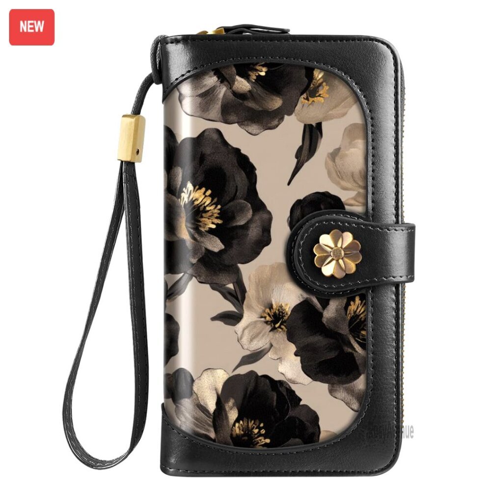Large Capacity RFID Blocking Clutch Wallet with Wrist Strap